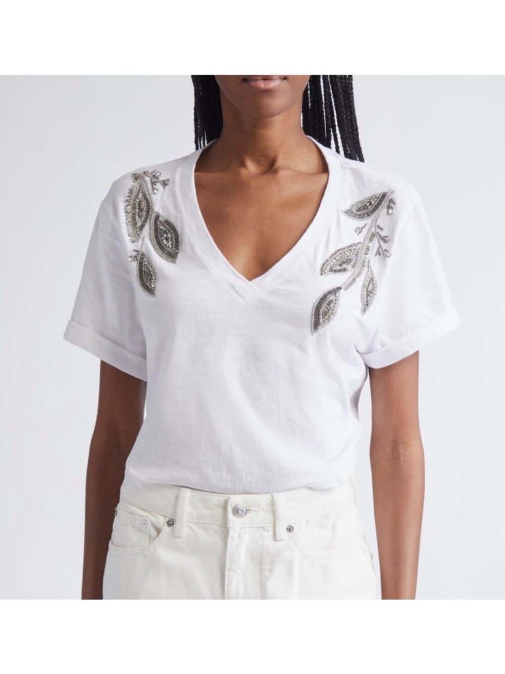 Cinq à Sept Bree Beaded white Cotton top t-shirt size M